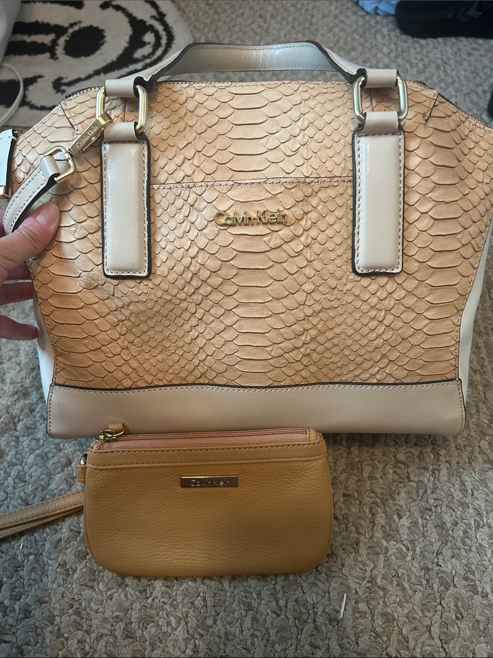 Calvin Klein Beige Snake-Embossed Satchel with Tan Pouch
